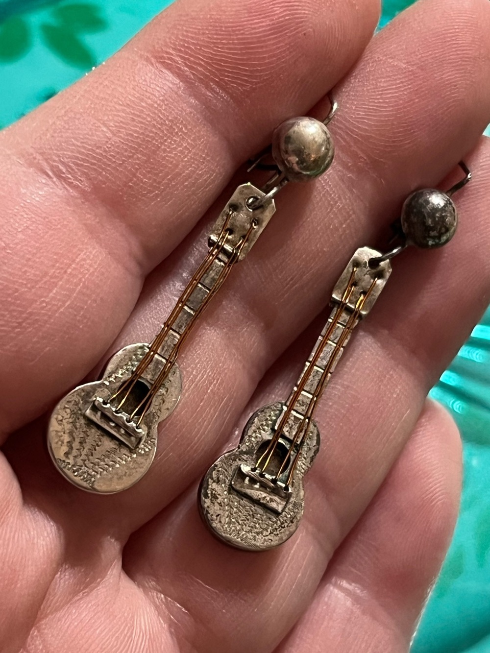 Vintage Mexico Sterling Silver 925 Guitar Instrument Artisan Pierced Earrings